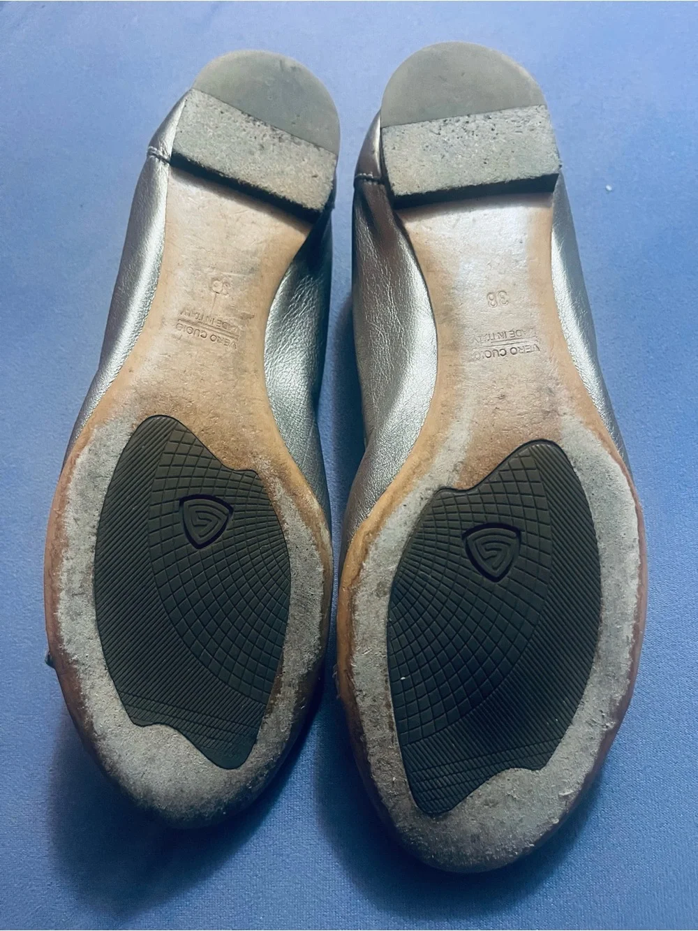 Attilio Giusti Leombruni Metallic Taupe Flats with Green Patent Toe